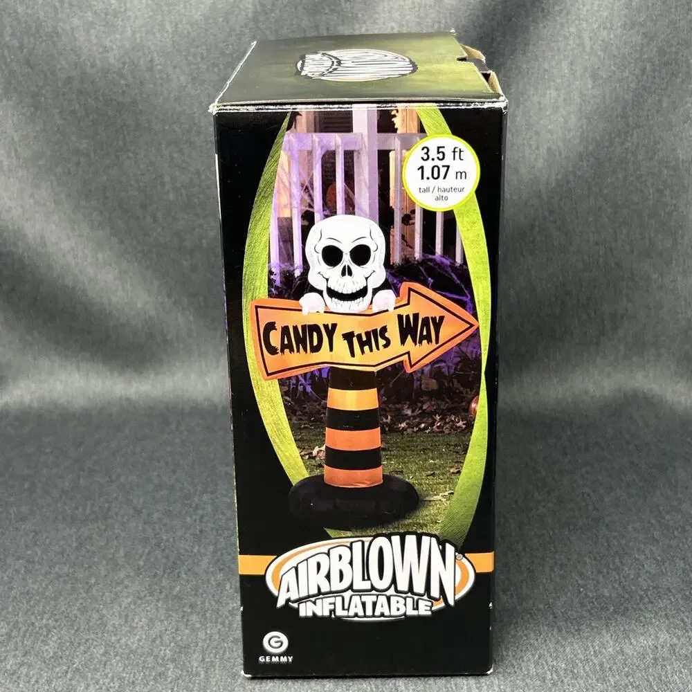 Gemmy Halloween Lighted Skeleton Candy This Way Double Sided Inflatable 3.5 Feet